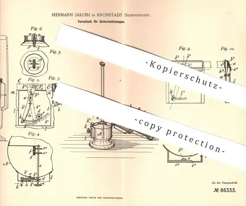 original Patent - Hermann Jakobi , Kronstadt / Siebenbürgen , 1895 , Verschluss für Sicherheitslampe | Lampe , Laterne