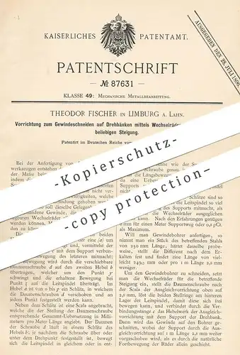 original Patent - Theodor Fischer , Limburg / Lahn , 1895 , Gewindeschneiden auf Drehbank | Metall | Stahl , Eisen !!!