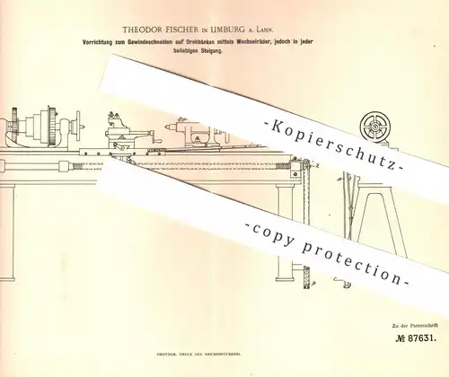 original Patent - Theodor Fischer , Limburg / Lahn , 1895 , Gewindeschneiden auf Drehbank | Metall | Stahl , Eisen !!!