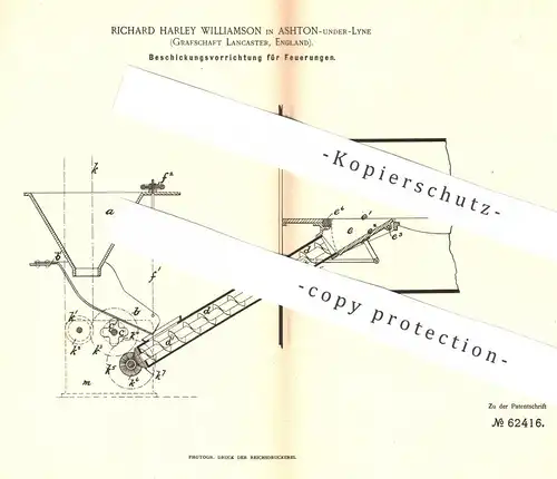 original Patent - Richard Harley Williamson , Ashton , Lancaster , England 1891 , Beschickung für Feuerung | Dampfkessel