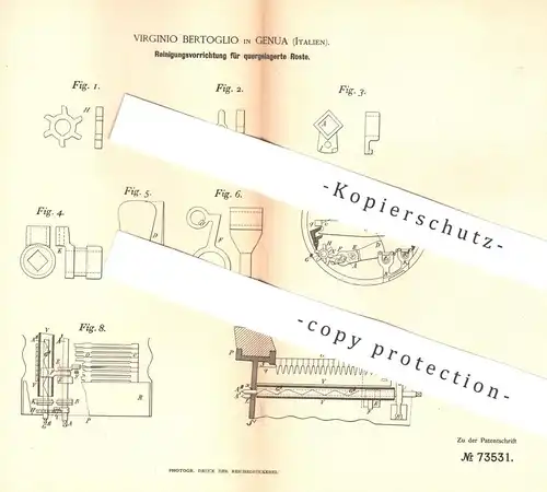 original Patent - Virginio Bertoglio , Genua , Italien , 1893 , Reinigung für quergelagerte Roste | Ofenrost | Ofen !!!