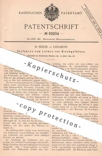 original Patent - M. Bieler , Lissabon Portugal , 1894 , Blechgefäß löthen | Löten , Lötkolben | Blech , Draht , Metall