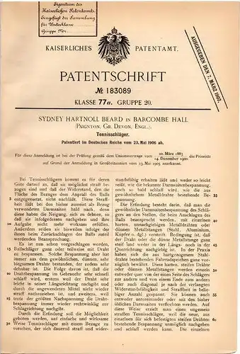 Original Patentschrift - S.H. Beard in Barcombe Hall , Gr. Devon , 1906 , Tennis , Tennisschläger !!!
