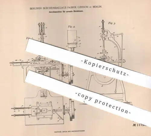 original Patent - Berliner Blechemballage Fabrik Gerson , Berlin , 1899 , Anrollmaschine für Blechdosen | Blech - Dose