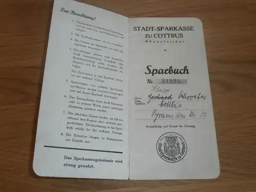 altes Sparbuch Cottbus , 1938 - 1945 , Klaus Schroeter , Sparkasse , Bank !!!