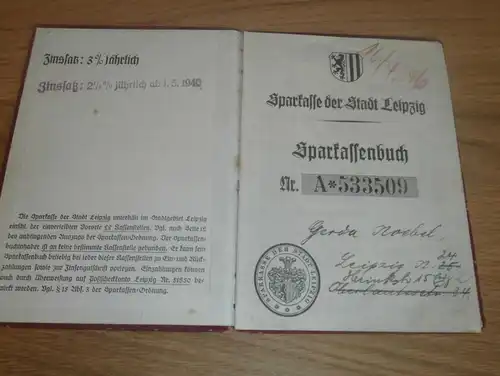 altes Sparbuch Leipzig , 1939 - 1945 , Gerda Noebel , Sparkasse , Bank !!!