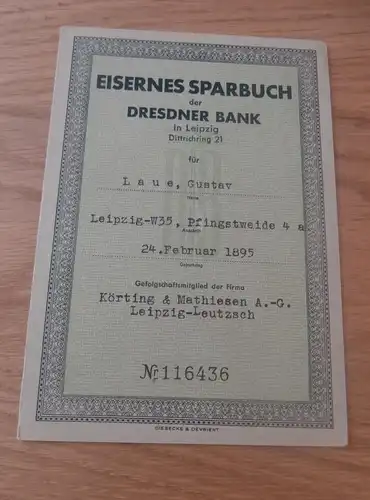 altes Sparbuch Leipzig , 1942-1945 , Gustav Laue , Pfingstweide , Sparkasse , Bank !!!
