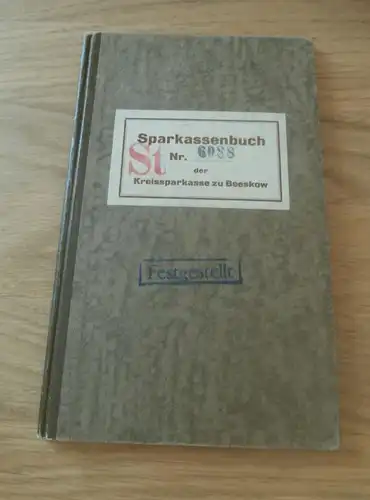 altes Sparbuch Beeskow, 1942-1945 , Käthe Jung , geb. Schmitz , Fritz Reuter Straße , Sparkasse , Bank !!!