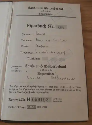altes Sparbuch Angermünde Neukünkendorf , 1942-1945 , Elly Kluth , geb. Müller , Sparkasse , Bank !!!