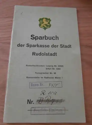 altes Sparbuch Rudolstadt , 1930-1943 , Hermann Schöpfel , Inspektor , Straße der SA , Sparkasse , Bank !!!