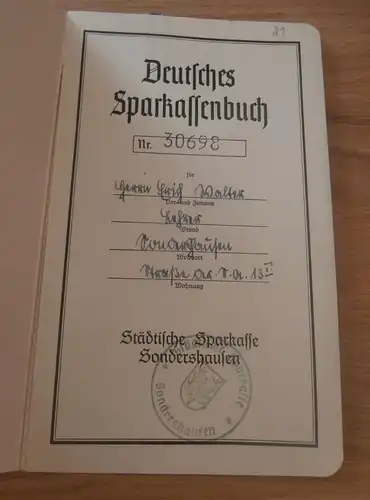 altes Sparbuch Sondershausen , 1941-1944 , Erich Walter , Lehrer , Sparkasse , Bank !!!