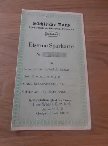 altes Sparbuch Hannover / Dresden , 1942-1945 , Heinrich König , Konkordiastrasse , Sparkasse , Bank !!!