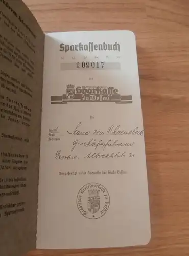 altes Sparbuch Dessau , 1942-1944 , Maria von Schoenebeck , Geschäftsführerin , Albrechtstrasse , Sparkasse , Bank !!!