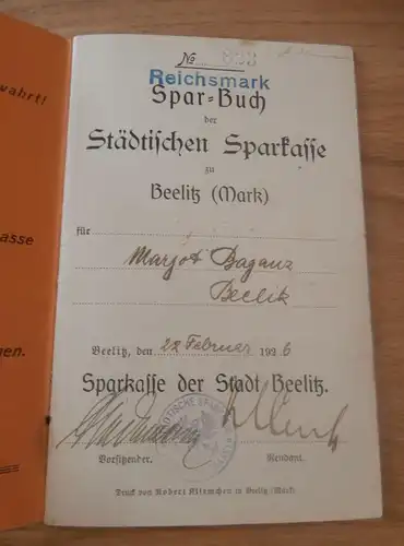 altes Sparbuch Beelitz , 1926-1937 , Margot Baganz , Sparkasse , Bank !!!