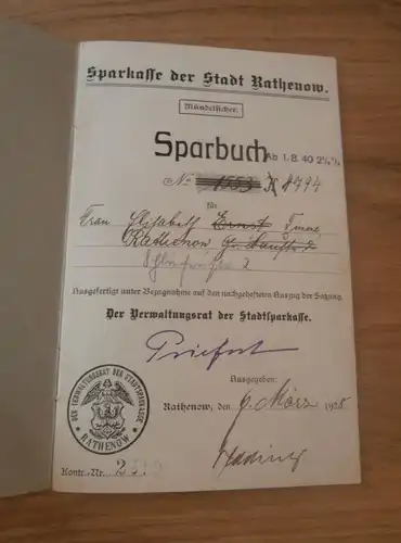 altes Sparbuch Rathenow , 1928-1946 , Elisabeth Timme , Laufstrasse , Sparkasse , Bank !!!