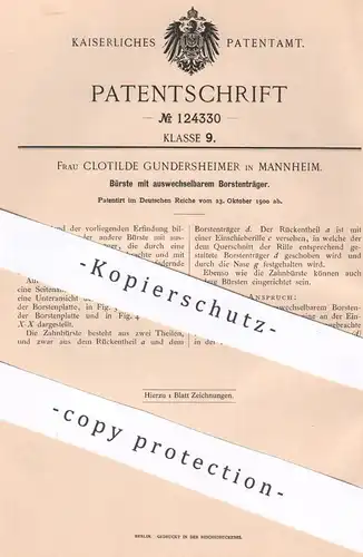 original Patent - Clotilde Gundersheimer , Mannheim , 1900 , Bürste mit wechselbarem Borstenträger | Bürsten , Borsten
