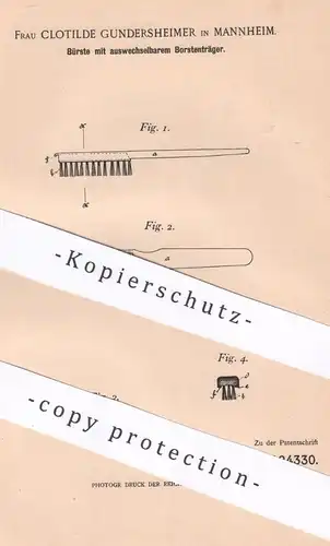 original Patent - Clotilde Gundersheimer , Mannheim , 1900 , Bürste mit wechselbarem Borstenträger | Bürsten , Borsten