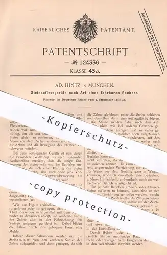 original Patent - Ad. Hintz , München , 1900 , Steinauflesegerät | Rechen , Pferderechen | Steine sammeln | Pflug , Egge