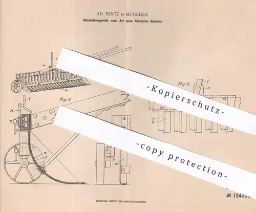 original Patent - Ad. Hintz , München , 1900 , Steinauflesegerät | Rechen , Pferderechen | Steine sammeln | Pflug , Egge