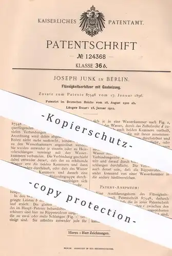 original Patent - Joseph Junk , Berlin , 1900 , Flüssigkeitserhitzer mit Gasheizung | Kessel | Gas - Heizung !!