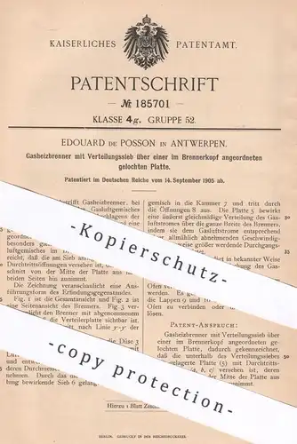 original Patent - Edouard de Posson , Antwerpen , Belgien , 1905 , Gasheizbrenner | Gasbrenner , Gas , Brenner !!