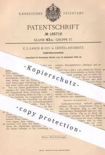original Patent - C. L. Lasch & Co. , Leipzig / Reudnitz , 1906 , Geldrollenverschluss | Geld , Geldrolle | Papier