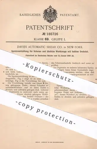 original Patent - Davies Automatic Shear Co. New York USA , 1906 , Spreizen der Scheren u. Werkzeuge | Schere , Zange