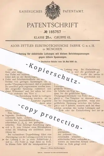 original Patent - Alois Zettler Elektrotechnische Fabrik GmbH München , 1906 , Sicherung für elektr. Leitungen | Strom