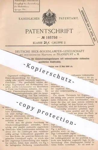 original Patent - Deutsche Beck - Bogenlampen GmbH Frankfurt / Main , 1906 , Elektroden für Gleichstrom - Bogenlampen