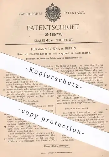 original Patent - Hermann Lowka , Berlin , 1905 , Meerrettich - Reibmaschine mit waagerechter Reibscheibe | Reibe !!