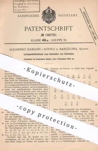 original Patent - Alejandro Damians y Rovira , Barcelona , Spanien , 1904 , Leitspindeldrehbank für Gewinde | Drehbank