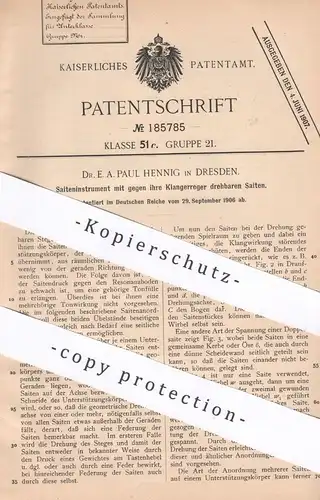 original Patent - Dr. E. A. Paul Hennig , Dresden 1906 , Saiteninstrument mit drehbaren Saiten | Musikinstrument , Musik