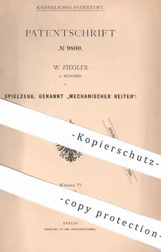 original Patent - W. Ziegler , München , 1879 , Spielzeug | Mechanischer Reiter | Spielfigur , Figuren , Kinder , Sport
