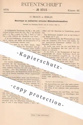 original Patent - O. Braun , Berlin , 1878 , Milchschleudermaschine | Milchschleuder | Milch , Schleuder !!