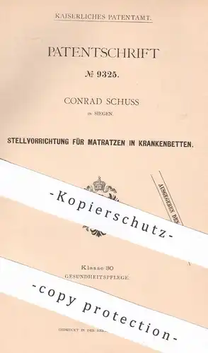 original Patent - Conrad Schuss , Siegen , 1879 , Matratze in Krankenbett | Bett , Pflegebett , Betten , Krankenhaus
