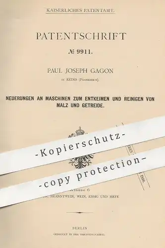 original Patent - Paul Joseph Gagon , Reims , Frankreich , 1879 , Entkeimen u. Reinigen von Malz & Getreide | Mühle !!!