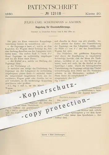 original Patent - Julius Carl Schönemann , Aachen , 1880 , Kupplung für Eisenbahnfahrzeuge | Eisenbahn , Bahn !!