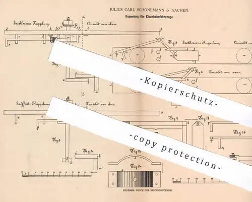 original Patent - Julius Carl Schönemann , Aachen , 1880 , Kupplung für Eisenbahnfahrzeuge | Eisenbahn , Bahn !!