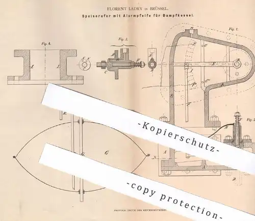 original Patent - Florent Ladry , Brüssel , Belgien , 1880 , Speiserufer mit Alarmpfeife für Dampfkessel | Kessel !!