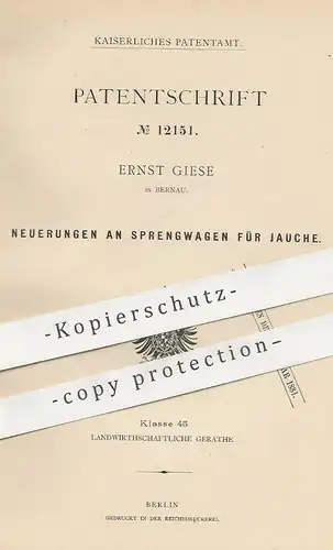 original Patent - Ernst Giese , Bernau , 1880 , Sprengwagen für Jauche | Landwirtschaft , Pumpe , Pumpen , Wagen