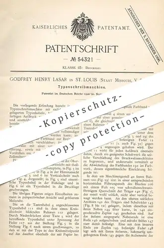 original Patent - Godfrey Henry Lasar , St. Louis , Missouri USA , 1889 , Typenschreibmaschine | Schreibmaschine | Druck