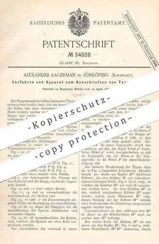 original Patent - Alexander Lagerman , Jönköping , Schweden , 1885 , Ausschließen von Typenzeilen | Druck , Setzer !!!