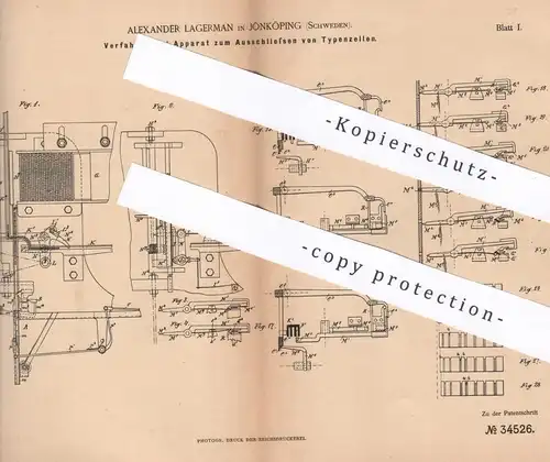 original Patent - Alexander Lagerman , Jönköping , Schweden , 1885 , Ausschließen von Typenzeilen | Druck , Setzer !!!