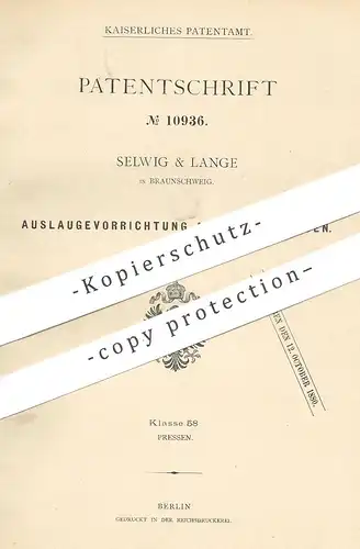 original Patent - Selwig & Lange , Braunschweig , 1879 , Auslagevorrichtung an Filterpressen | Filter , Presse | Pressen