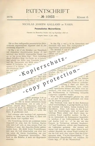 original Patent - Nicolas Joseph Galland , Paris , Frankreich 1878 , Pneumatisches Malzverfahren | Malz , Maische , Bier