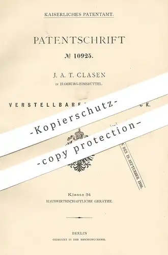 original Patent - J. A. T. Clasen , Hamburg / Eimsbüttel , 1880 , Verstellbarer Waschbock | Bock , Unterstellbock !!