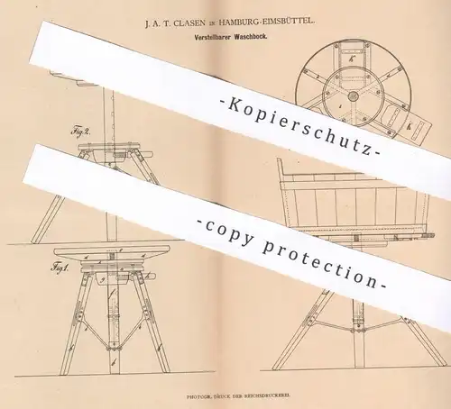 original Patent - J. A. T. Clasen , Hamburg / Eimsbüttel , 1880 , Verstellbarer Waschbock | Bock , Unterstellbock !!