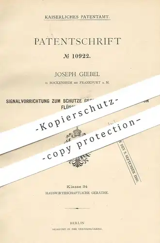 original Patent - Joseph Giebel , Bockenheim / Frankfurt / Main , 1879 , Schutz Signal vor Überkochen von Flüssigkeiten