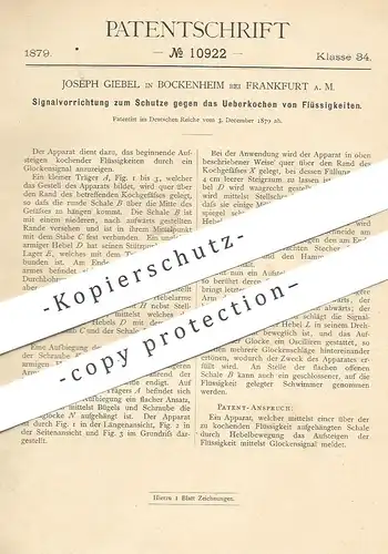 original Patent - Joseph Giebel , Bockenheim / Frankfurt / Main , 1879 , Schutz Signal vor Überkochen von Flüssigkeiten