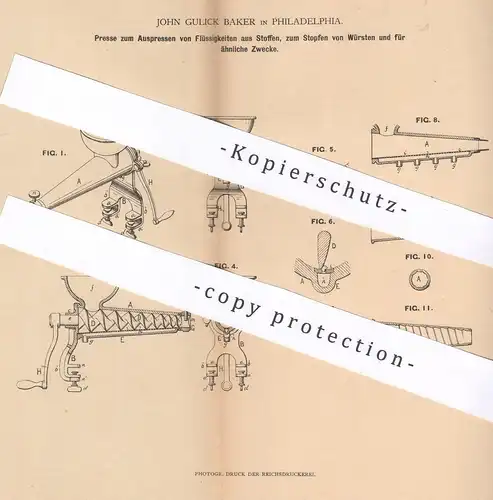 original Patent - John Gulick Baker , Philadelphia , USA , 1879 , Presse | Fleischwolf , Wurst , Schlachter , Fleischer
